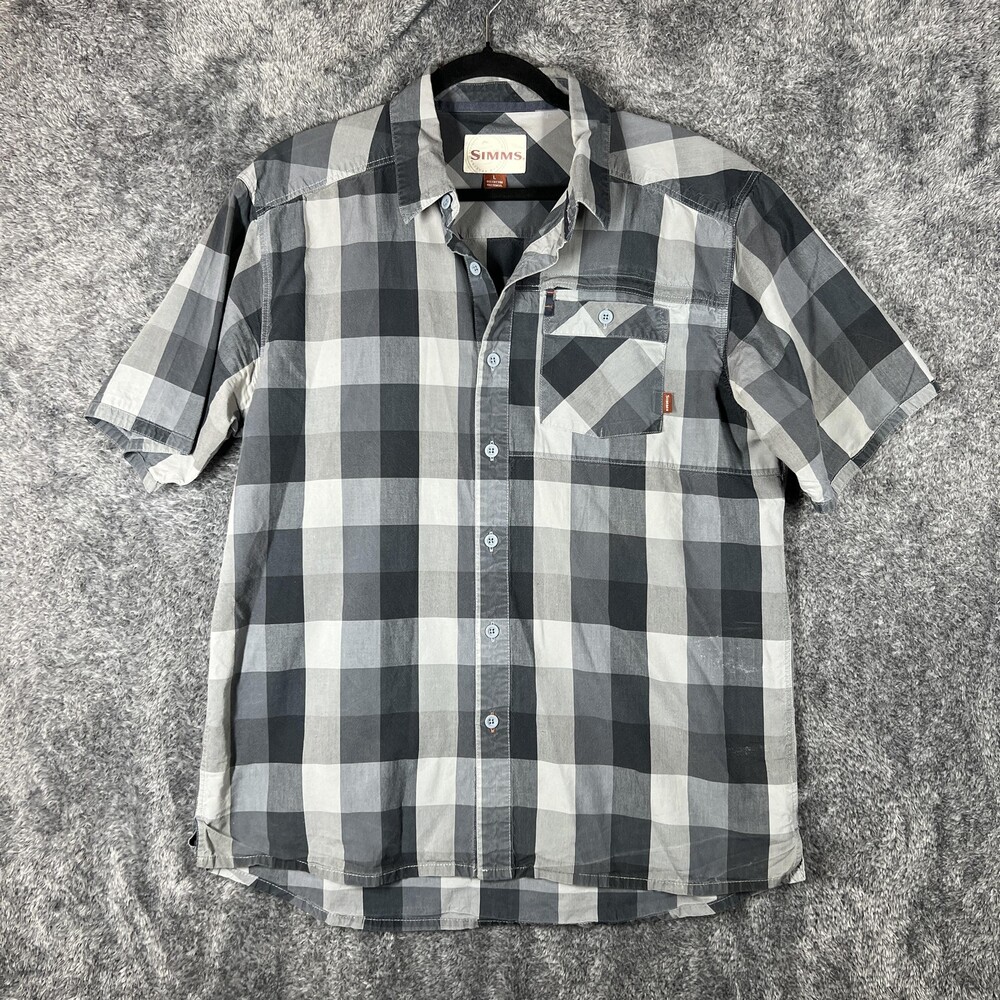 Simms Shirt Mens Large Gray Plaid Short Sleeve Button Up Fishing Outdoor Casual